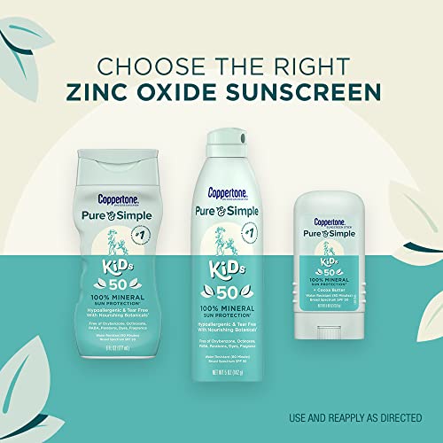 Coppertone Pure and Simple Kids Sunscreen Lotion, Zinc Oxide Mineral Sunscreen for Kids, Tear Free, Broad Spectrum SPF 50 Sunscreen, 6 Fl Oz Bottle