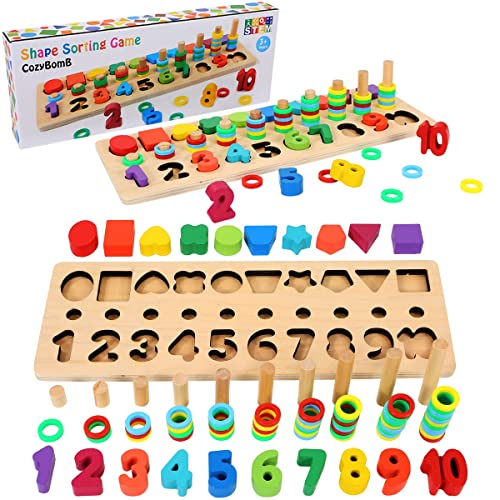 CozyBomb Wooden Number Puzzle Sorting Montessori Toys for 1 Year Old Toddlers - Shape Sorter Counting Game for age 3 4 5 year olds - Preschool Education Math Stacking Block Learning Wood Chunky Jigsaw