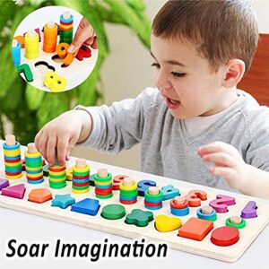 CozyBomb Wooden Number Puzzle Sorting Montessori Toys for 1 Year Old Toddlers - Shape Sorter Counting Game for age 3 4 5 year olds - Preschool Education Math Stacking Block Learning Wood Chunky Jigsaw