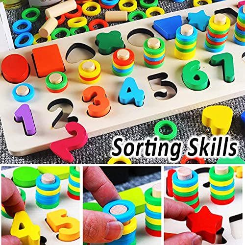 CozyBomb Wooden Number Puzzle Sorting Montessori Toys for 1 Year Old Toddlers - Shape Sorter Counting Game for age 3 4 5 year olds - Preschool Education Math Stacking Block Learning Wood Chunky Jigsaw