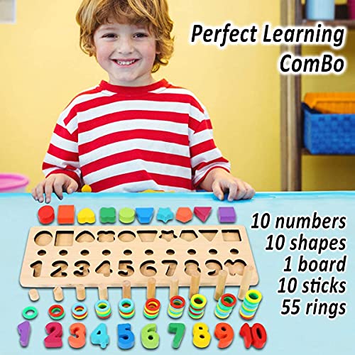 CozyBomb Wooden Number Puzzle Sorting Montessori Toys for 1 Year Old Toddlers - Shape Sorter Counting Game for age 3 4 5 year olds - Preschool Education Math Stacking Block Learning Wood Chunky Jigsaw