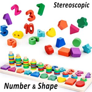 CozyBomb Wooden Number Puzzle Sorting Montessori Toys for 1 Year Old Toddlers - Shape Sorter Counting Game for age 3 4 5 year olds - Preschool Education Math Stacking Block Learning Wood Chunky Jigsaw