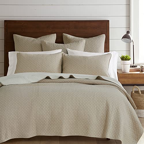 Levtex Home - Cross Stitch Quilt Set - 100% Cotton - Full/Queen Quilt (88x92in.) + 2 Standard Shams (26x20in.) - Taupe Quilt with White Contrast Stitching