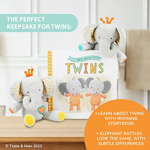 Tickle & Main We are Twins, Baby and Toddler Twin Gift Set, Keepsake Book and Set of 2 Plush Elephant Rattles for Boys and Girls