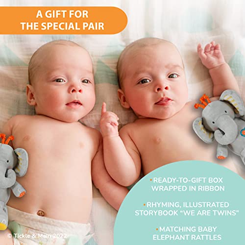 Tickle & Main We are Twins, Baby and Toddler Twin Gift Set, Keepsake Book and Set of 2 Plush Elephant Rattles for Boys and Girls