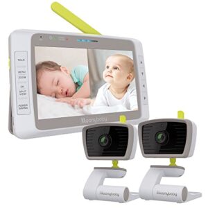 moonybaby split 50 low emf no wifi baby monitor with 2 cameras and audio, 5" hd quad screen with wide view, auto noise reduce, auto night vision, talk back, temperature, lullabies, eco saving mode