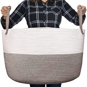 luxury little xxxl nursery storage basket, 22 x 22 x 14 inches - 100% cotton rope basket with handles, laundry basket for toys, blankets and pillows - off white & beige