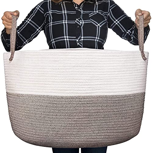 Luxury Little XXXL Nursery Storage Basket, 22 x 22 x 14 inches - 100% Cotton Rope Basket with Handles, Laundry Basket for Toys, Blankets and Pillows - Off White & Beige