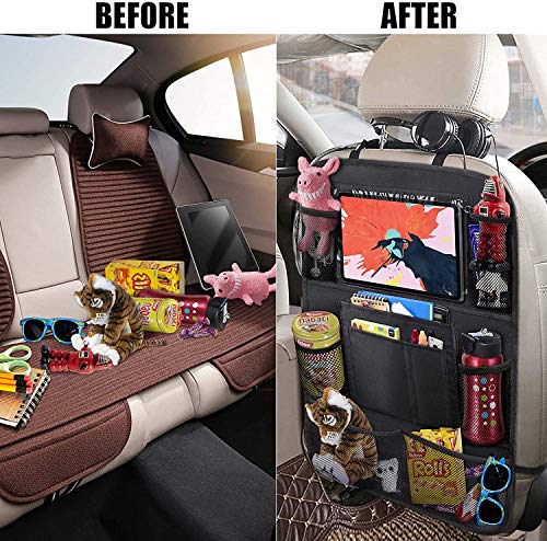 ULEEKA Car Backseat Organizer with 10" Table Holder, 9 Storage Pockets Seat Back Protectors Kick Mats for Kids Toddlers, Travel Accessories, 2 Pack