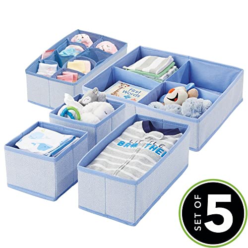 mDesign Soft Fabric Dresser Drawer/Closet Divided Storage Organizer Bins for Nursery - Holds Blankets, Bibs, Socks, Lotion, Clothes, Shoes, Toys - Set of 5 - Blue Herringbone