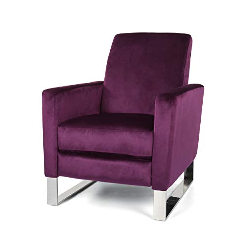 Great Deal Furniture Arvin Modern Velvet Push Back High Leg Recliner with Stainless Steel Legs, Eggplant and Silver