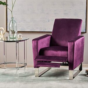 Great Deal Furniture Arvin Modern Velvet Push Back High Leg Recliner with Stainless Steel Legs, Eggplant and Silver