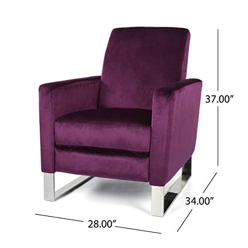 Great Deal Furniture Arvin Modern Velvet Push Back High Leg Recliner with Stainless Steel Legs, Eggplant and Silver