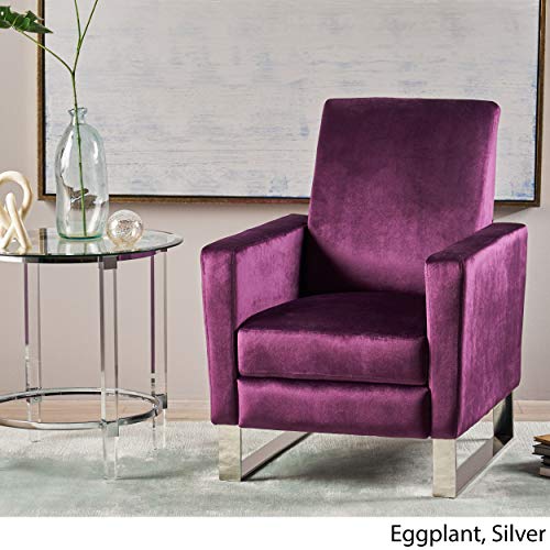 Great Deal Furniture Arvin Modern Velvet Push Back High Leg Recliner with Stainless Steel Legs, Eggplant and Silver