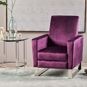 Great Deal Furniture Arvin Modern Velvet Push Back High Leg Recliner with Stainless Steel Legs, Eggplant and Silver