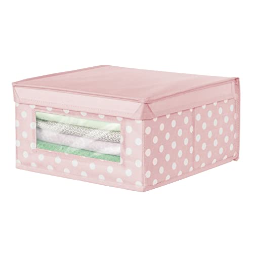 mDesign Medium Soft Stackable Fabric Baby Nursery Storage Organizer Holder Bin Box with Front Window and Lid for Child/Kids Bedroom, Playroom, Classroom - Light Pink/White Polka Dot