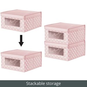 mDesign Medium Soft Stackable Fabric Baby Nursery Storage Organizer Holder Bin Box with Front Window and Lid for Child/Kids Bedroom, Playroom, Classroom - Light Pink/White Polka Dot