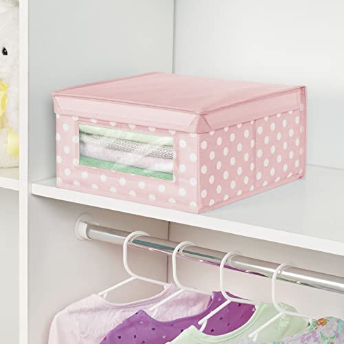 mDesign Medium Soft Stackable Fabric Baby Nursery Storage Organizer Holder Bin Box with Front Window and Lid for Child/Kids Bedroom, Playroom, Classroom - Light Pink/White Polka Dot