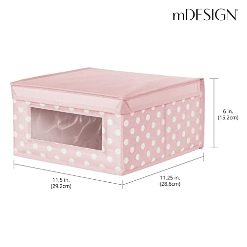 mDesign Medium Soft Stackable Fabric Baby Nursery Storage Organizer Holder Bin Box with Front Window and Lid for Child/Kids Bedroom, Playroom, Classroom - Light Pink/White Polka Dot