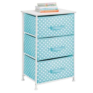 mdesign storage dresser end/side table night stand tower unit with 3 removable fabric drawers - organizer for baby, kid, and teen bedroom, nursery, playroom, or dorm, turquoise blue/white polka dot