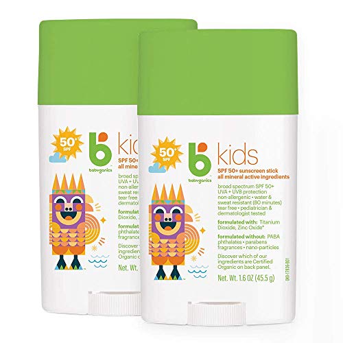 Babyganics SPF 50 Travel Size Kids Sunscreen Stick UVA UVB Protection | Water & Sweat Resistant |Non Allergenic, 1.6oz (Pack of 2)