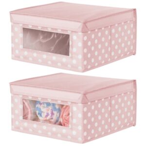 mdesign medium soft stackable fabric baby nursery storage organizer holder bin box with front window and lid for child/kids bedroom, playroom, classroom - 2 pack - pink/white polka dot