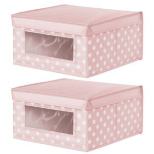 mDesign Medium Soft Stackable Fabric Baby Nursery Storage Organizer Holder Bin Box with Front Window and Lid for Child/Kids Bedroom, Playroom, Classroom - 2 Pack - Pink/White Polka Dot