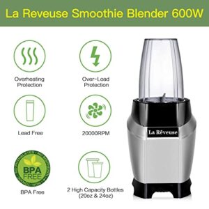La Reveuse Blender for Making Shakes Smoothies 600 Watts with 20 oz and 24 oz BPA-free Portable Travel Bottles - Dishwasher Safe