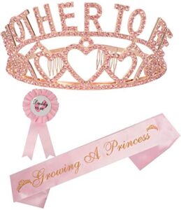 meant2tobe baby shower decoration for mom to be and dad to be, premium metal pink tiara + pink & gold sash + premium metal daddy to be pink & white pin, maternity for her and him