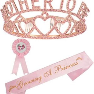 MEANT2TOBE Baby Shower Decoration for Mom to Be and Dad to Be, Premium Metal Pink Tiara + Pink & Gold Sash + Premium Metal Daddy to be Pink & White pin, Maternity for Her and Him