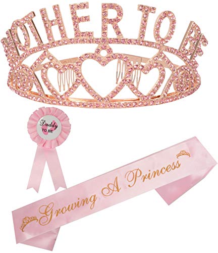 MEANT2TOBE Baby Shower Decoration for Mom to Be and Dad to Be, Premium Metal Pink Tiara + Pink & Gold Sash + Premium Metal Daddy to be Pink & White pin, Maternity for Her and Him