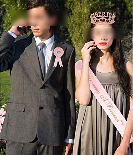 MEANT2TOBE Baby Shower Decoration for Mom to Be and Dad to Be, Premium Metal Pink Tiara + Pink & Gold Sash + Premium Metal Daddy to be Pink & White pin, Maternity for Her and Him