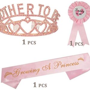 MEANT2TOBE Baby Shower Decoration for Mom to Be and Dad to Be, Premium Metal Pink Tiara + Pink & Gold Sash + Premium Metal Daddy to be Pink & White pin, Maternity for Her and Him