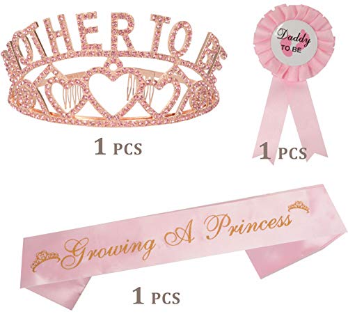 MEANT2TOBE Baby Shower Decoration for Mom to Be and Dad to Be, Premium Metal Pink Tiara + Pink & Gold Sash + Premium Metal Daddy to be Pink & White pin, Maternity for Her and Him