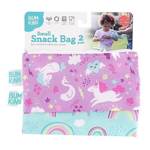 Bumkins Snack Bags, Reusable Fabric, Washable, Food Safe, BPA Free - Unicorns & Rainbows (2-Pack)