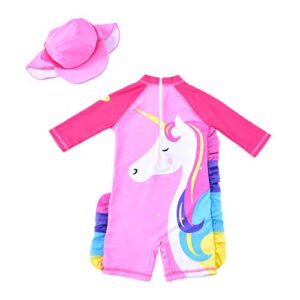 Baby Girl One Piece Swimsuit Sunsuit Long Sleeve Swimwear Rash Guard Toddler Kid Unicorn Bathing Suit Zip with Hat (3 Years/90) Pink