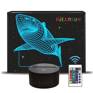 fullosun 3d illusion lamp, shark night light with remote control optical touch 16 color changing desk lamps kids room decor festival birthday present gifts for toddlers boys child