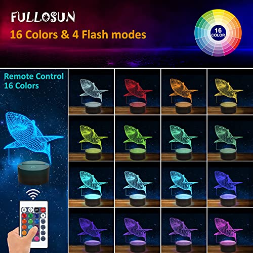 FULLOSUN 3D Illusion Lamp, Shark Night Light with Remote Control Optical Touch 16 Color Changing Desk Lamps Kids Room Decor Festival Birthday Present Gifts for Toddlers Boys Child