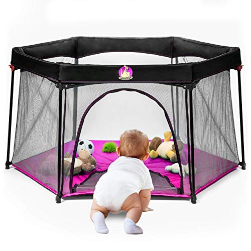 BABYSEATER Portable Playard Play Pen with Carrying Case for Infants and Babies, Pink