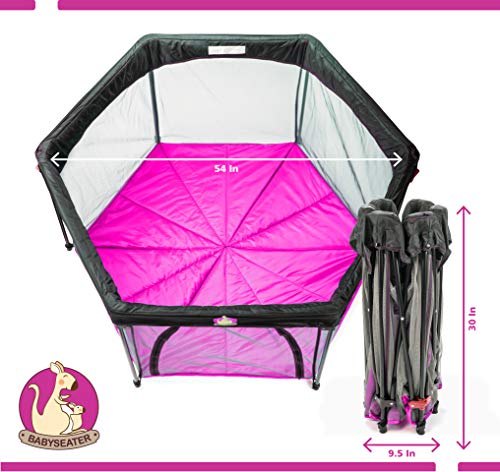 BABYSEATER Portable Playard Play Pen with Carrying Case for Infants and Babies, Pink