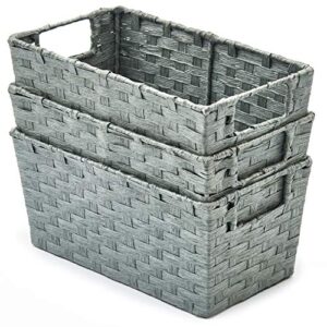 ezoware 3pcs weaving storage baskets, multipurpose wicker organizer bins boxes with handles for shelf, bathroom, pantry, accessories - paper rope gray