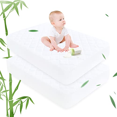 Ruili Bamboo Waterproof Crib Mattress Protector, 2 Pack Quilted Fitted Breathable Toddler Baby Mattress Cover, Organic Bamboo Soft Crib Mattress Pad, White (52x28 Inches)