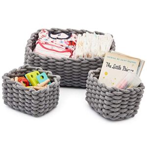 ezoware set of 3 soft woven cotton rope nursery room baskets bins storage organizer, perfect for decorative kids baby room, toys small items - gray