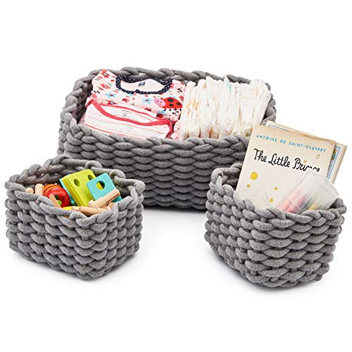 EZOWare Set of 3 Soft Woven Cotton Rope Nursery Room Baskets Bins Storage Organizer, Perfect for Decorative kids Baby Room, Toys Small Items - Gray