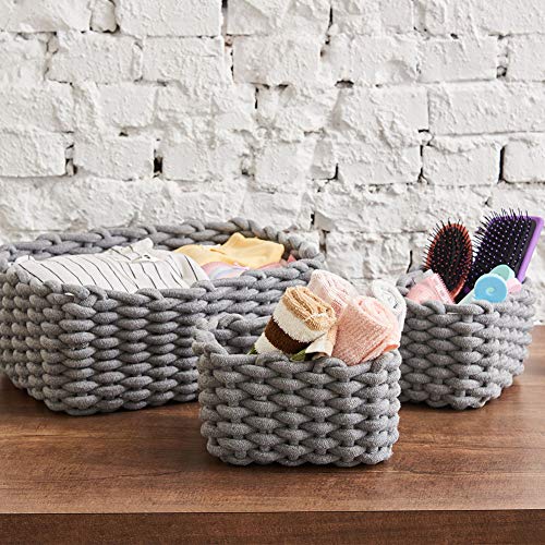 EZOWare Set of 3 Soft Woven Cotton Rope Nursery Room Baskets Bins Storage Organizer, Perfect for Decorative kids Baby Room, Toys Small Items - Gray