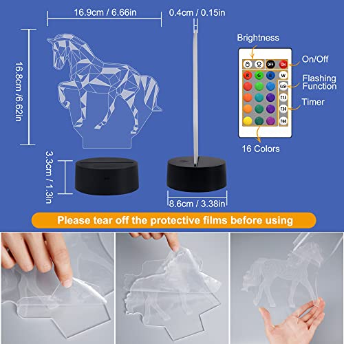 FULLOSUN Night Lights for Kids Horse Illusion 3D Night Light Bedside Lamp 16 Colors Changing with Remote Control Best Birthday Gifts for Child Baby Boy and Girl