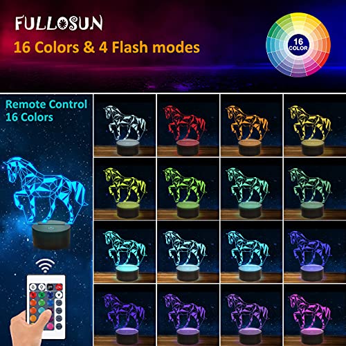 FULLOSUN Night Lights for Kids Horse Illusion 3D Night Light Bedside Lamp 16 Colors Changing with Remote Control Best Birthday Gifts for Child Baby Boy and Girl