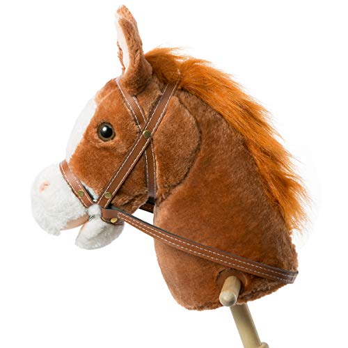 HollyHOME Outdoor Stick Horse with Wood Wheels Real Pony Neighing and Galloping Sounds Plush Toy Dark Brown 36 Inches(AA Batteries Required)