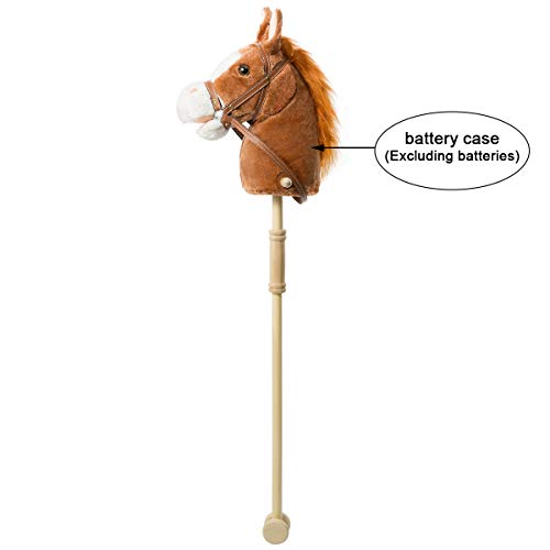 HollyHOME Outdoor Stick Horse with Wood Wheels Real Pony Neighing and Galloping Sounds Plush Toy Dark Brown 36 Inches(AA Batteries Required)
