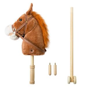 HollyHOME Outdoor Stick Horse with Wood Wheels Real Pony Neighing and Galloping Sounds Plush Toy Dark Brown 36 Inches(AA Batteries Required)